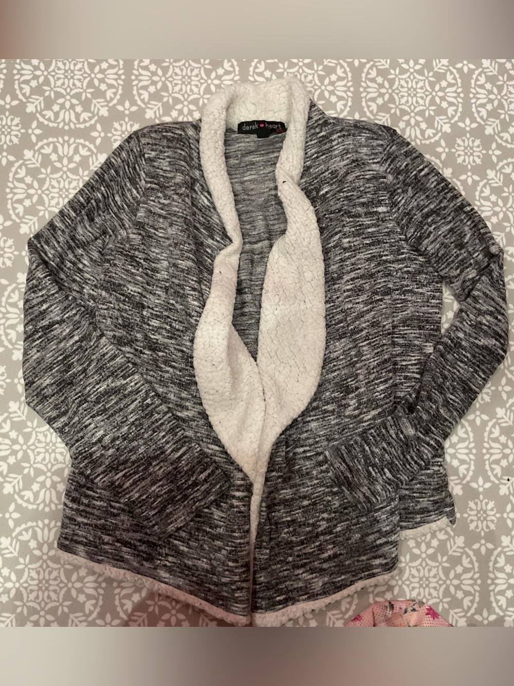 Derek Heart Girls Gray Open-Front Cardigan with Sherpa Trim Size 14